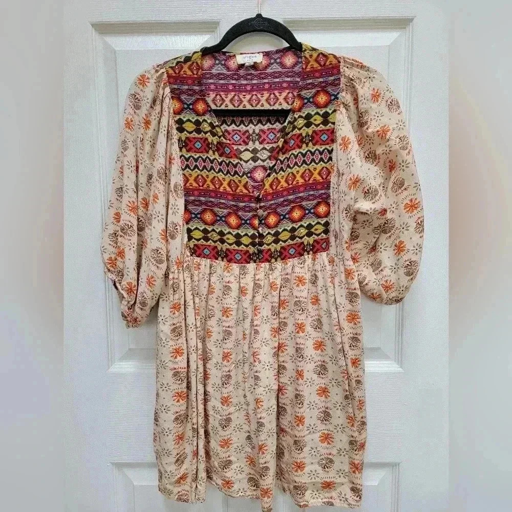 Umgee Women's Boho Aztec 3/4 Sleeve Baby Doll Dress or Shirt Size Medium